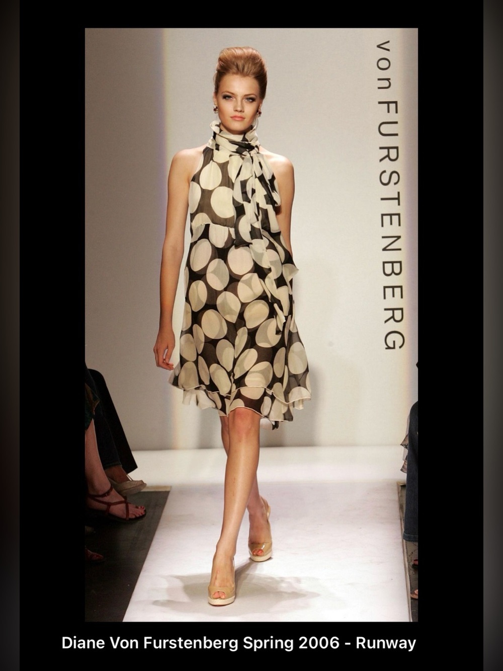 Diane Von Furstenburg Sleeveless Polka Dot Tie-Neck Dress in Cream and Black